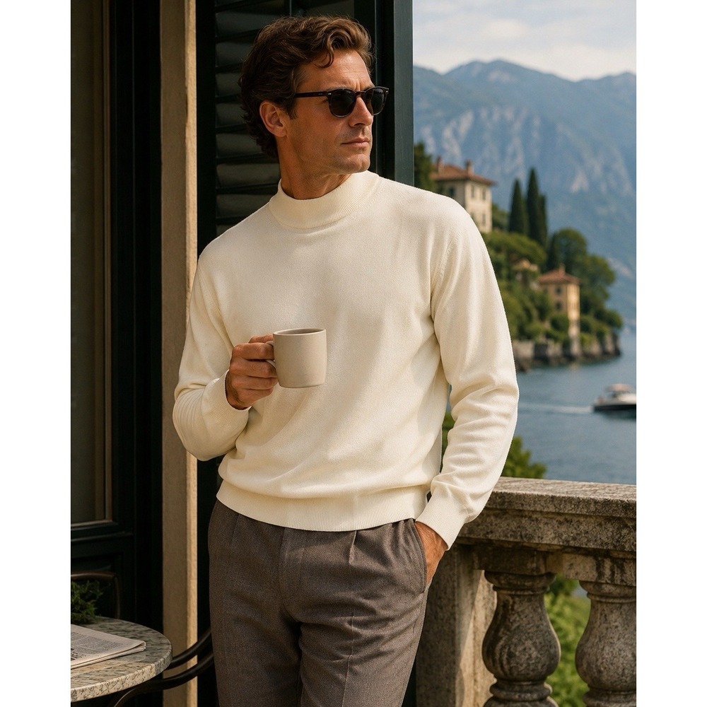 Gran Sasso Mark Shale Sweater Men L Italian Virgin Wool Mock Neck Ivory Butter